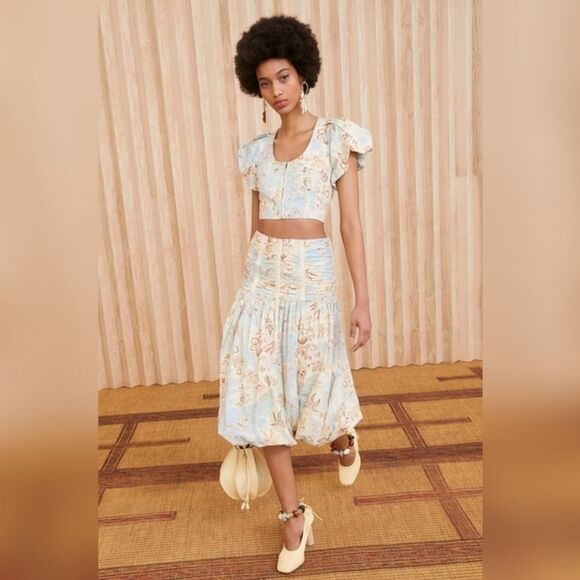 ULLA JOHNSON Kalena Floral Poplin Crop Top Puff Sleeve Front Zip Gardenia Sz 10 - Picture 15 of 15